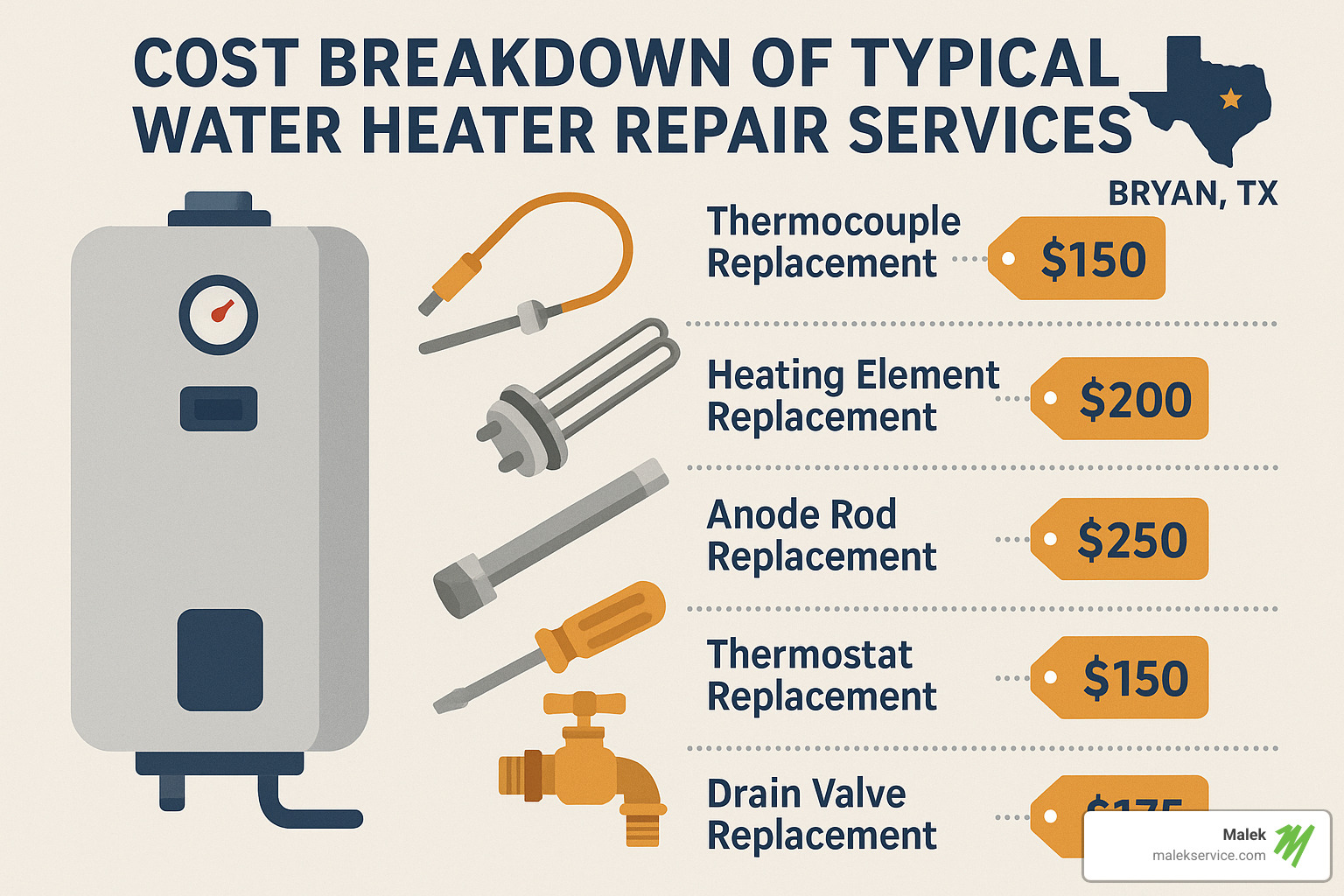 cost breakdown infographic showing typical water heater repair costs in Bryan TX - Water heater repair Bryan