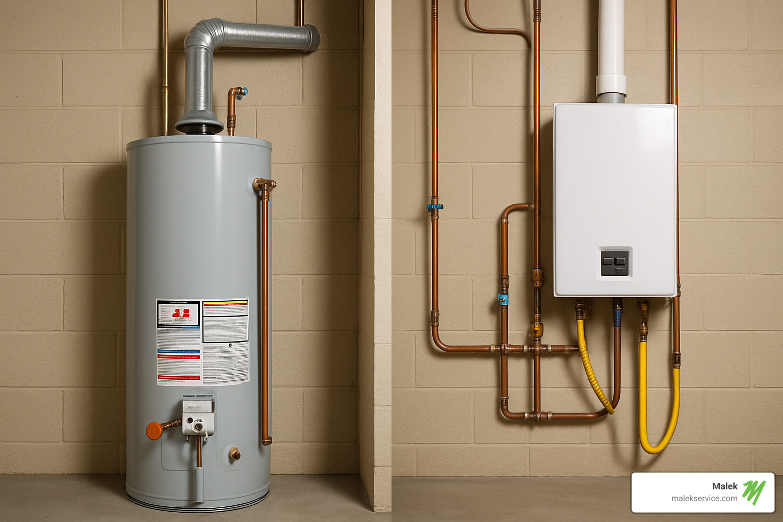 comparison image showing traditional tank water heater next to modern tankless unit - Water heater repair Bryan