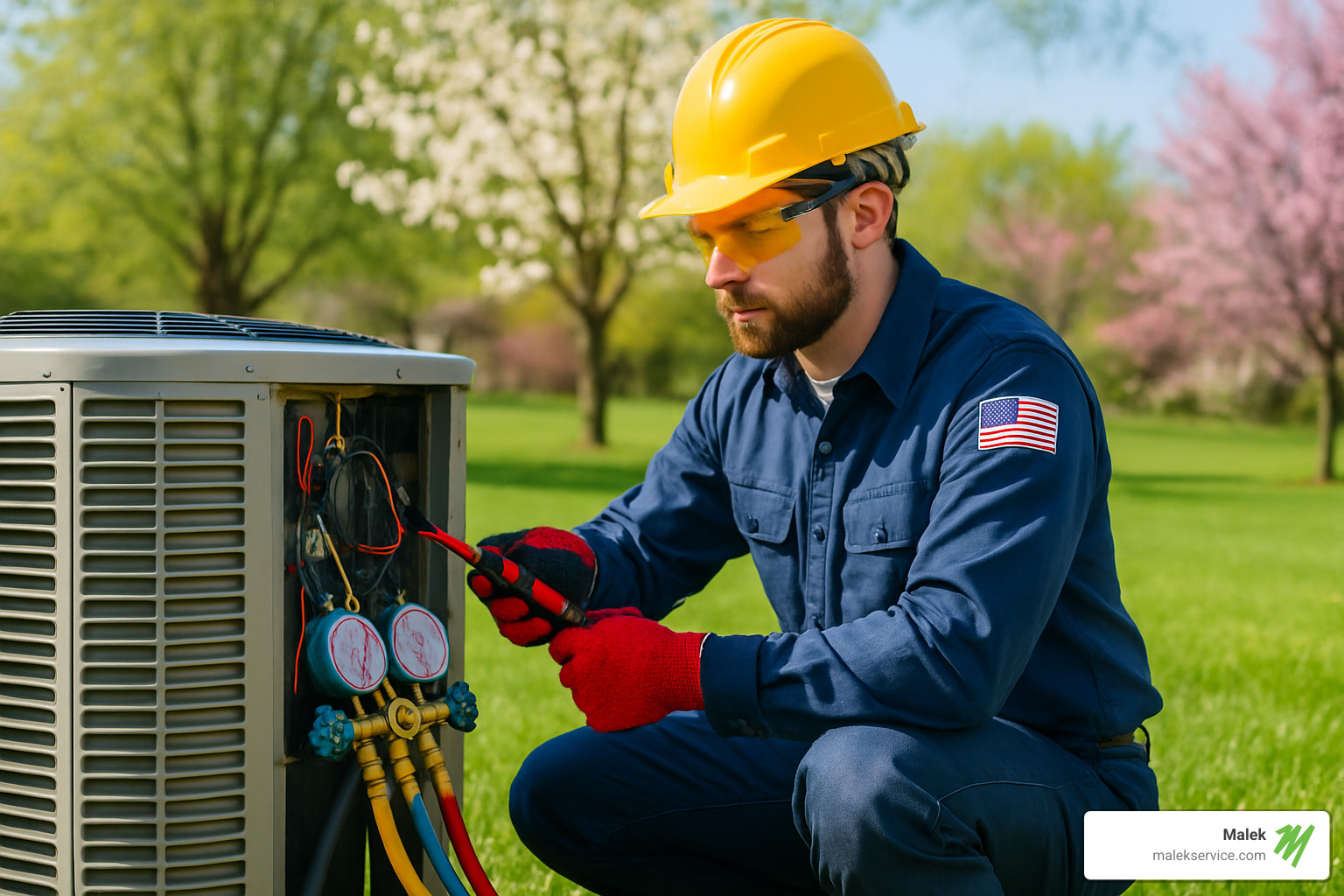AC technician performing maintenance during spring season - College Station AC tune-up
