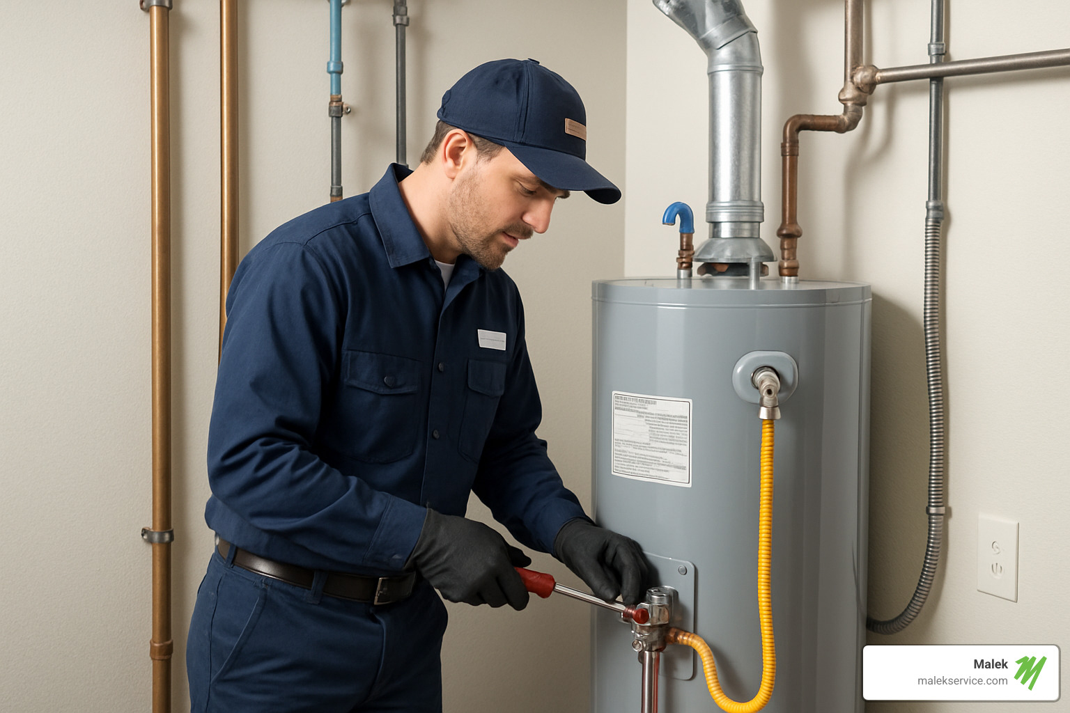 licensed technician performing routine maintenance service on water heater - Water heater repair Bryan