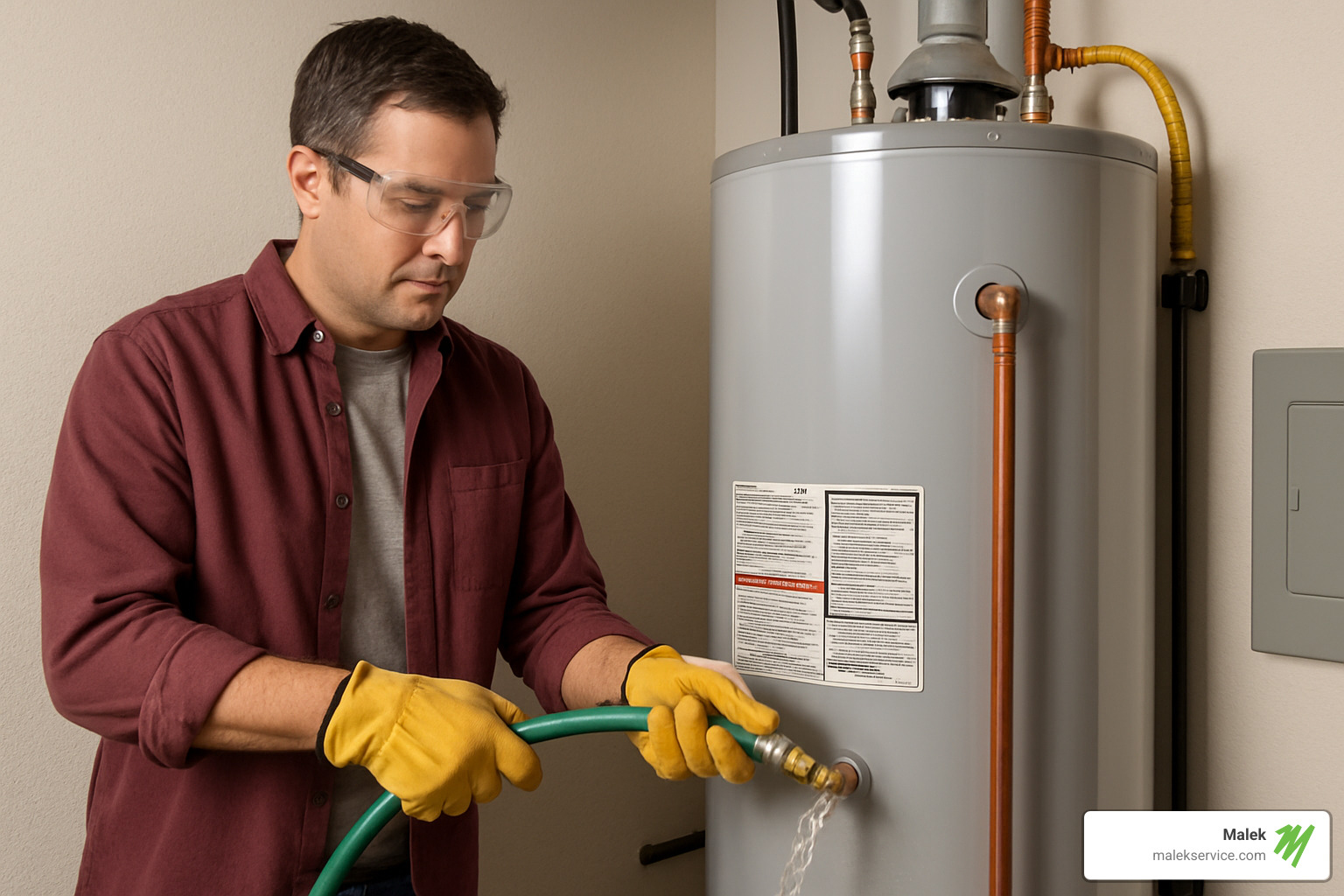 homeowner safely flushing water heater tank following proper procedures - Water heater repair Bryan