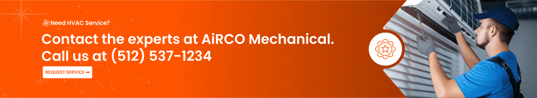 A technician working on an HVAC unit with a vibrant orange background featuring a call-to-action for service requests.
