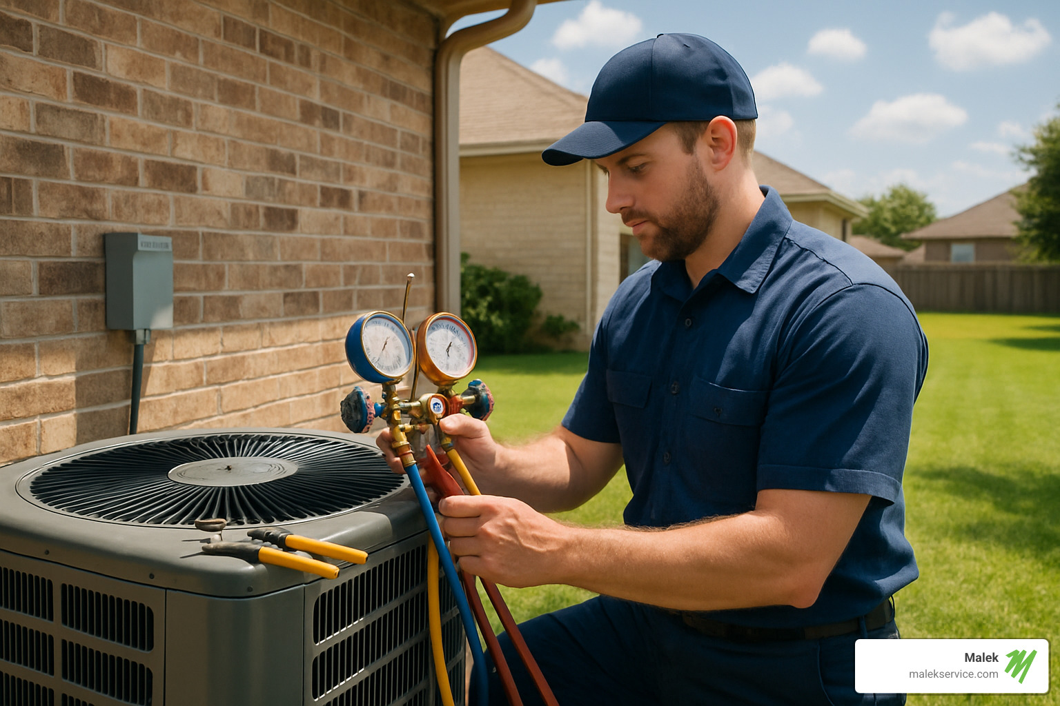 HVAC technician measuring refrigerant levels during AC tune-up - College Station AC tune-up