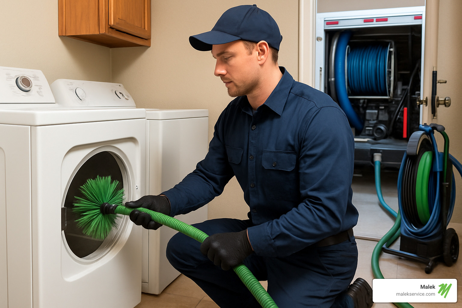 technician using rotary brush system to clean dryer vent - who cleans dryer ducts vents