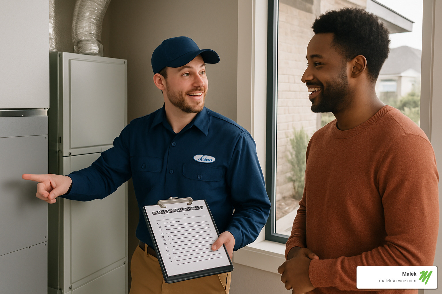 hvac technician explaining maintenance to homeowner - Houston HVAC maintenance